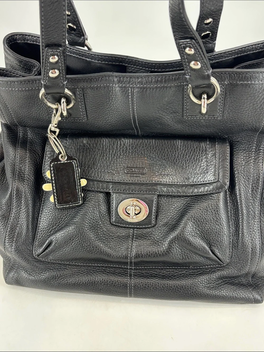 Coach Penelope Black Pebbled Leather‎ Shoulder Tote with Daisy Charm